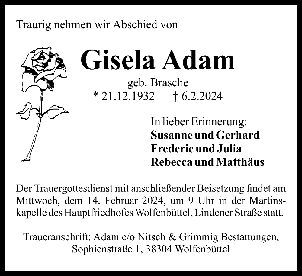  Traueranzeige für Gisela Adam vom 10.02.2024 aus Wolfenbütteler Zeitung