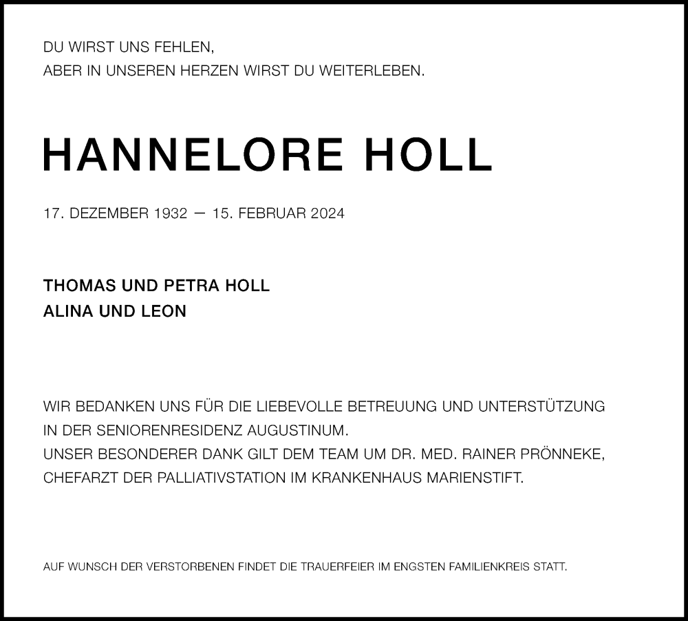  Traueranzeige für Hannelore Holl vom 24.02.2024 aus Braunschweiger Zeitung