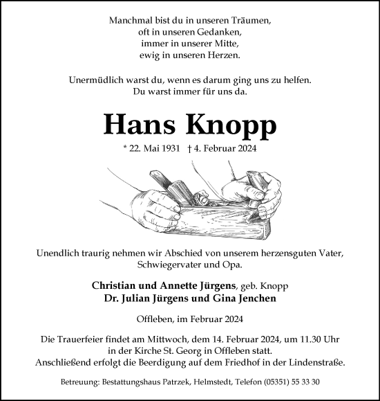 Traueranzeige von Hans Knopp von Helmstedter Nachrichten