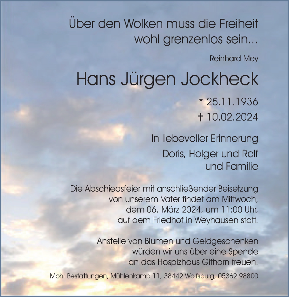  Traueranzeige für Hans Jürgen Jockheck vom 24.02.2024 aus Wolfsburger Nachrichten
