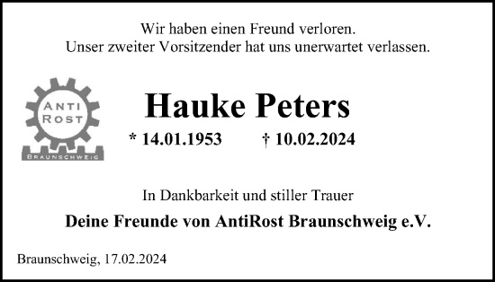 Traueranzeige von Hauke Peters von Braunschweiger Zeitung