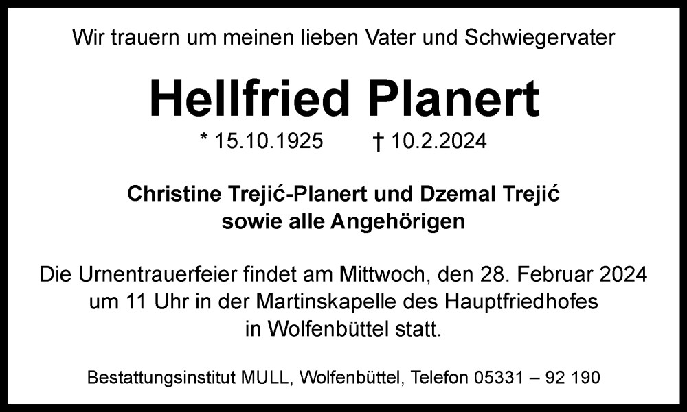  Traueranzeige für Hellfried Planert vom 24.02.2024 aus Wolfenbütteler Zeitung