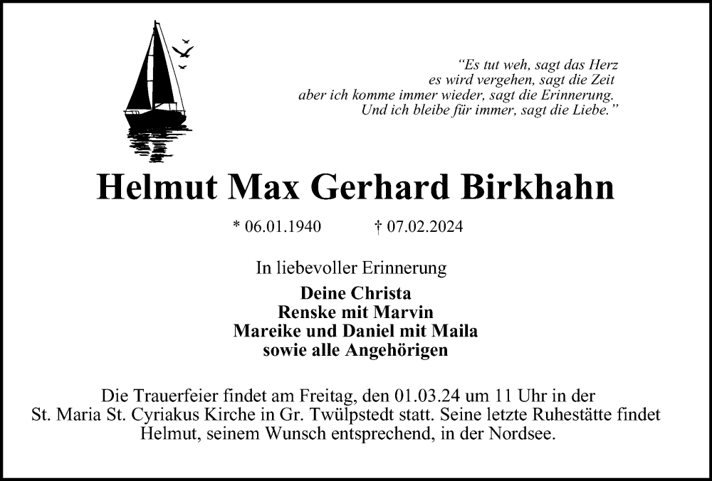  Traueranzeige für Helmut Max Gerhard Birkhahn vom 17.02.2024 aus Wolfsburger Nachrichten
