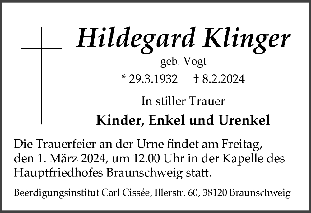  Traueranzeige für Hildegard Klinger vom 28.02.2024 aus Braunschweiger Zeitung