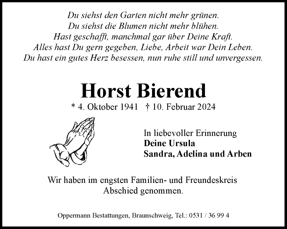  Traueranzeige für Horst Bierend vom 24.02.2024 aus Braunschweiger Zeitung