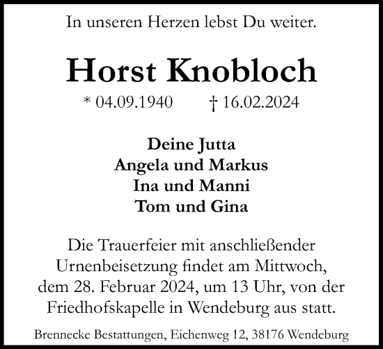 Traueranzeige von Horst Knobloch von Peiner Nachrichten
