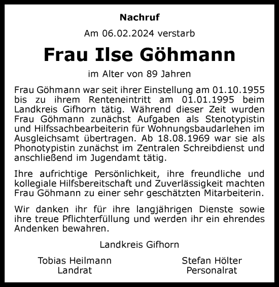 Traueranzeige von Ilse Göhmann von Wolfsburger Nachrichten