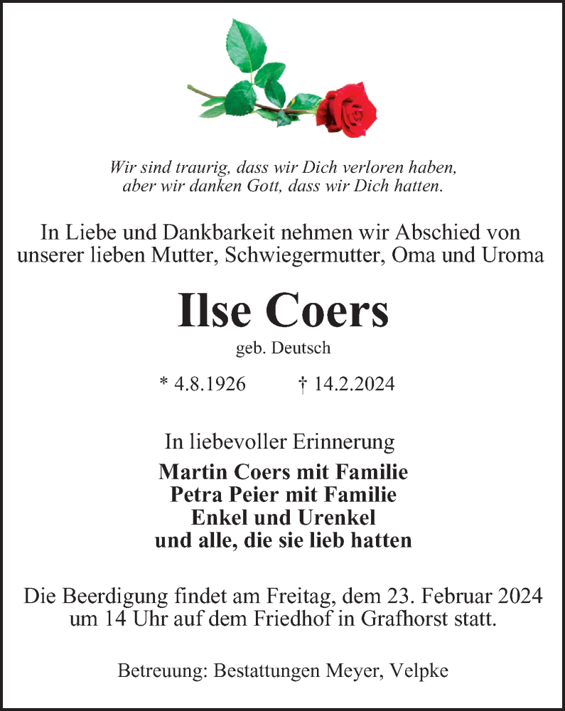  Traueranzeige für Ilse Coers Deutsch vom 21.02.2024 aus Helmstedter Nachrichten