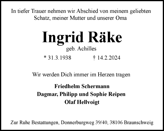 Traueranzeige von Ingrid Räke von Braunschweiger Zeitung