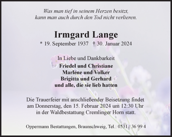 Traueranzeige von Irmgard Lange von Braunschweiger Zeitung