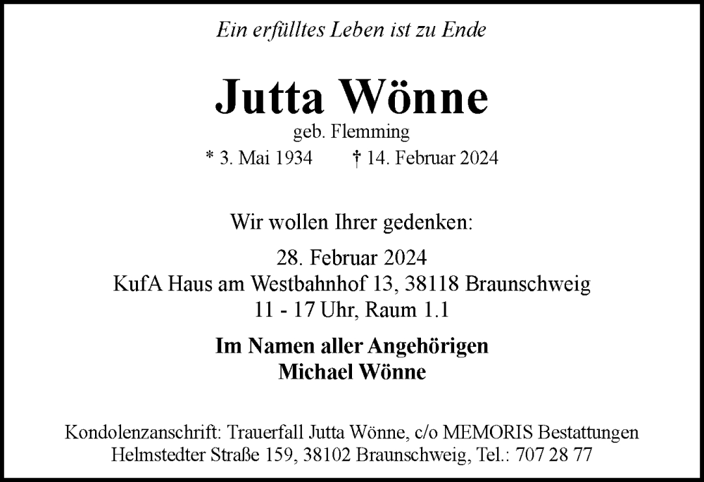  Traueranzeige für Jutta Wönne vom 24.02.2024 aus Braunschweiger Zeitung