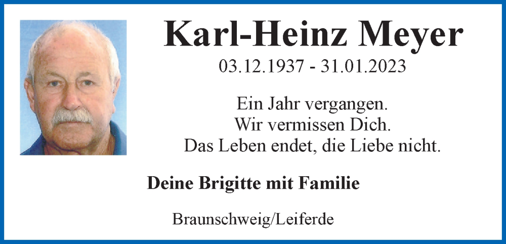  Traueranzeige für Karl-Heinz Meyer vom 03.02.2024 aus Neue Braunschweiger am Samstag