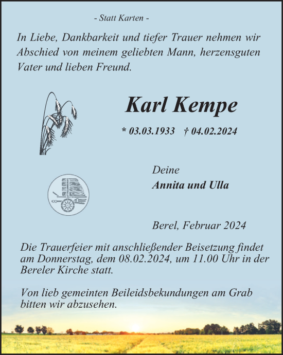 Traueranzeige von Karl Kempe von Salzgitter-Zeitung