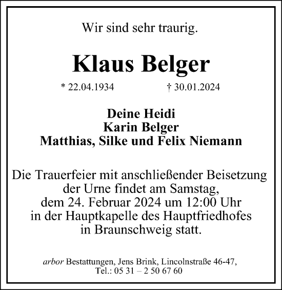 Traueranzeige von Klaus Belger von Braunschweiger Zeitung