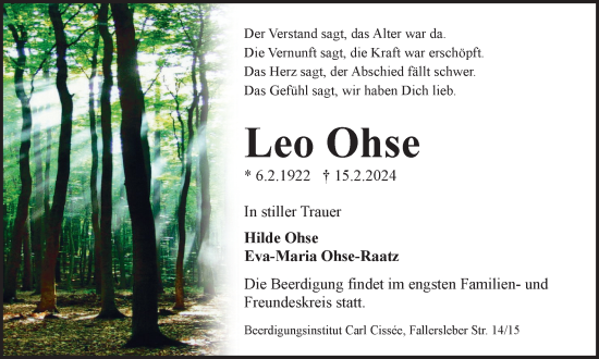 Traueranzeige von Leo Ohse von Braunschweiger Zeitung