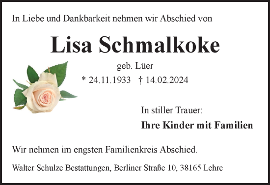 Traueranzeige von Lisa Schmalkoke von Helmstedter Nachrichten