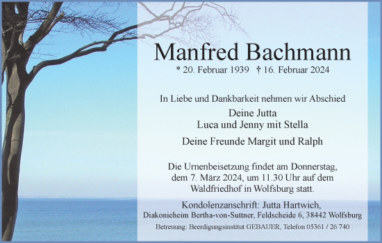 Traueranzeige von Manfred Bachmann von Wolfsburger Nachrichten