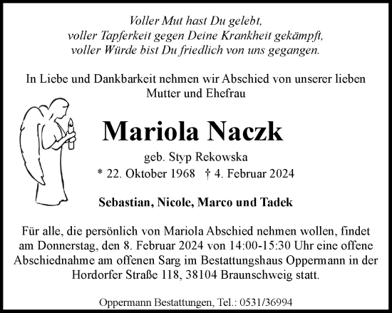 Traueranzeige von Mariola Naczk von Braunschweiger Zeitung