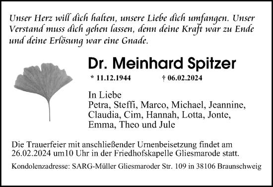 Traueranzeige von Meinhard Spitzer von Braunschweiger Zeitung