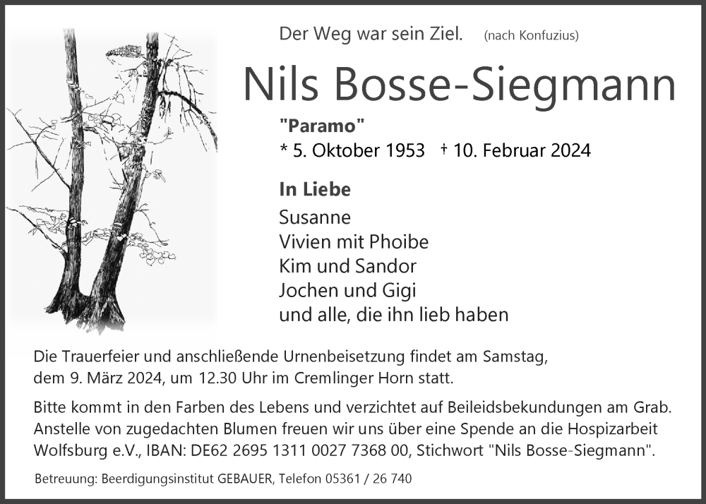 Traueranzeige für Nils Bosse-Siegmann vom 17.02.2024 aus Wolfsburger Nachrichten