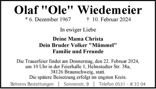 Traueranzeige von Olaf  Wiedemeier von Braunschweiger Zeitung
