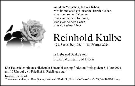 Traueranzeige von Reinhold Kulbe von Wolfsburger Nachrichten