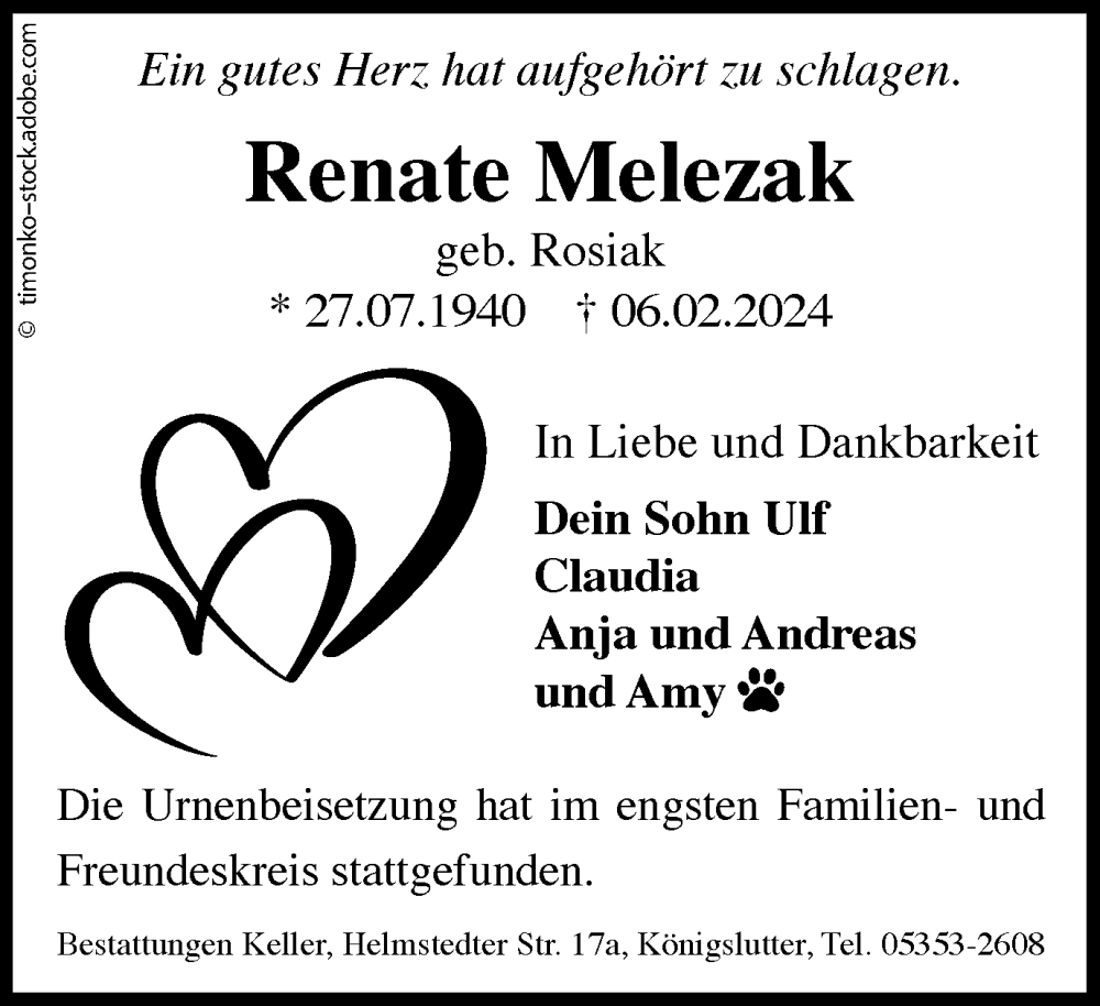  Traueranzeige für Renate Melezak vom 24.02.2024 aus Helmstedter Nachrichten