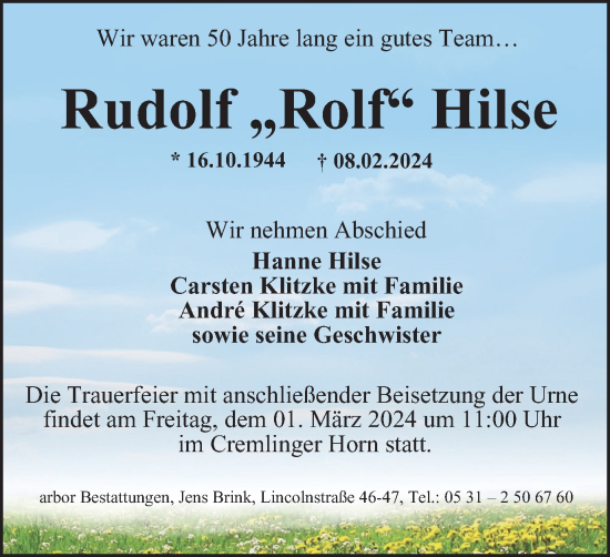 Traueranzeige von Rudolf Hilse von Braunschweiger Zeitung