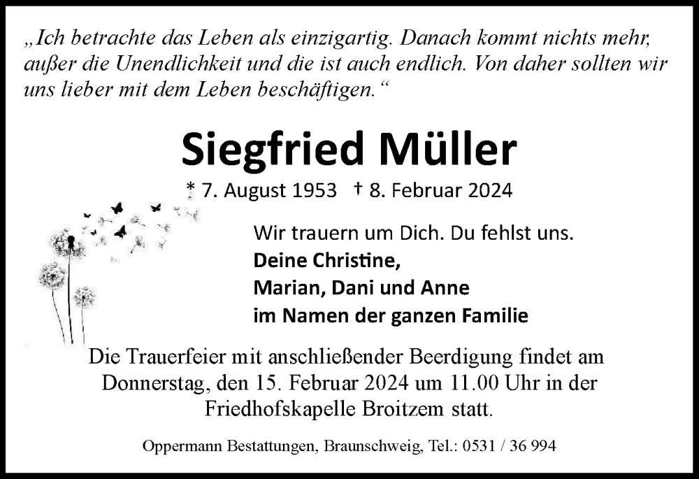  Traueranzeige für Siegfried Müller vom 14.02.2024 aus Braunschweiger Zeitung