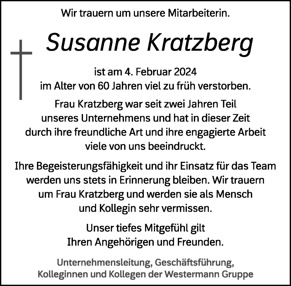  Traueranzeige für Susanne Kratzberg vom 24.02.2024 aus Braunschweiger Zeitung