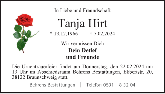 Traueranzeige von Tanja Hirt von Braunschweiger Zeitung