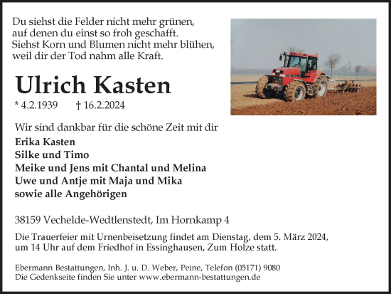 Traueranzeige von Ulrich Kasten von Peiner Nachrichten