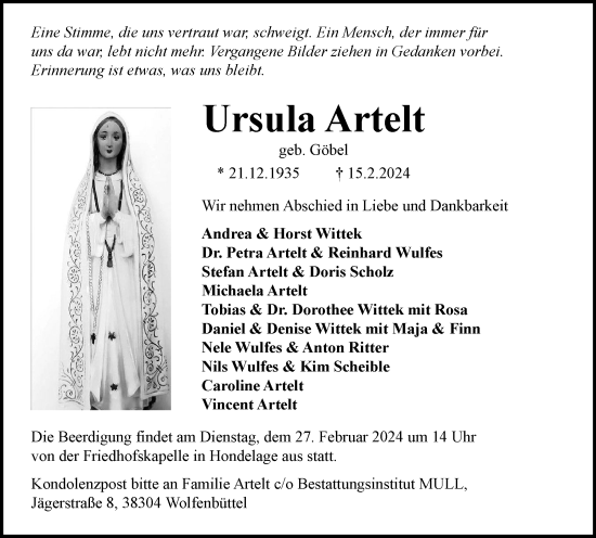 Traueranzeige von Ursula Artelt von Braunschweiger Zeitung