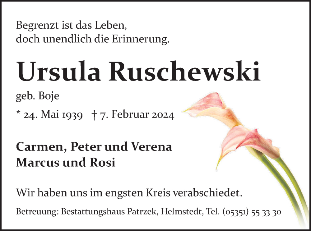 Traueranzeige für Ursula Ruschewski vom 24.02.2024 aus Braunschweiger Zeitung