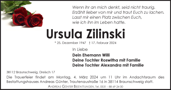Traueranzeige von Ursula Zilinski von Braunschweiger Zeitung