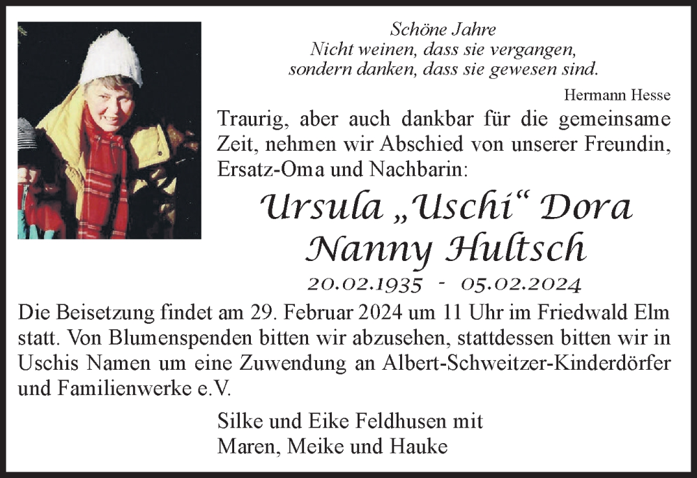  Traueranzeige für Ursula Dora Nanny Hultsch vom 13.02.2024 aus Braunschweiger Zeitung