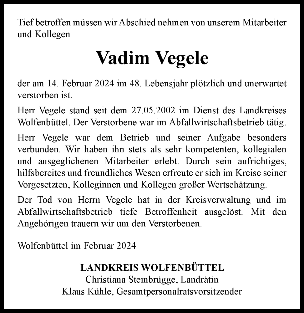  Traueranzeige für Vadim Vegele vom 23.02.2024 aus Wolfenbütteler Zeitung