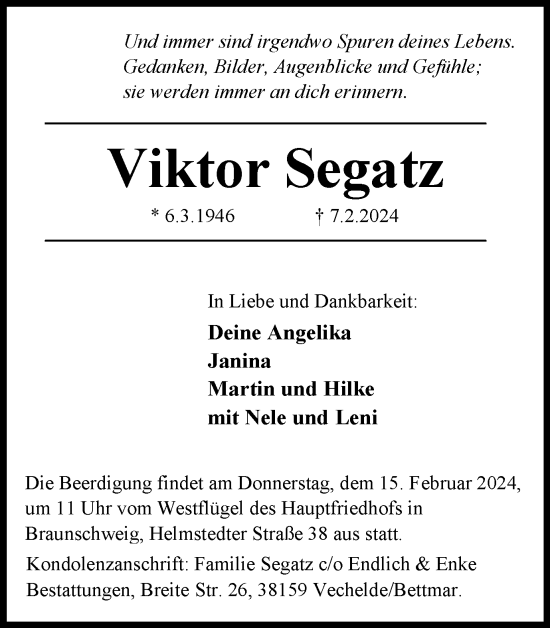 Traueranzeige von Viktor Segatz von Braunschweiger Zeitung