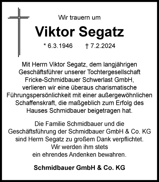 Traueranzeige von Viktor Segatz von Braunschweiger Zeitung