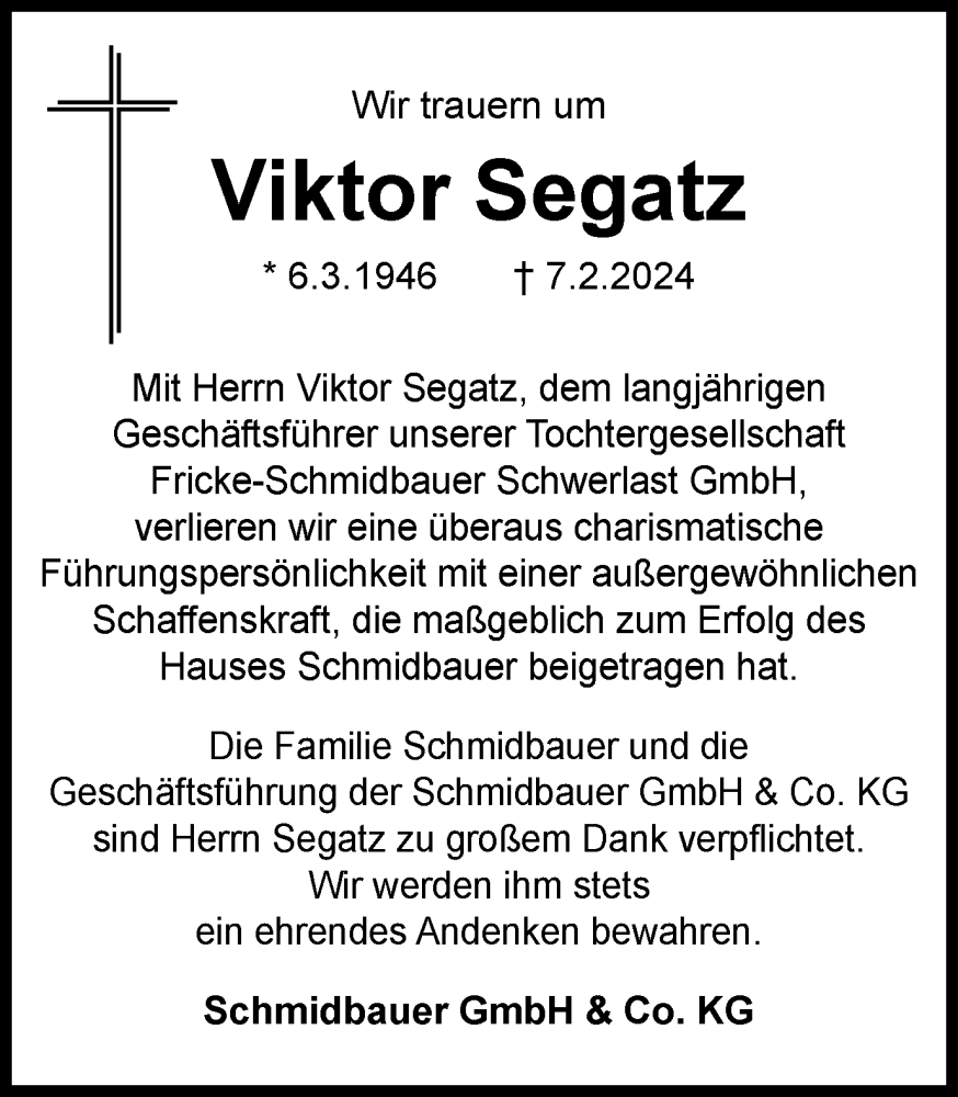  Traueranzeige für Viktor Segatz vom 17.02.2024 aus Braunschweiger Zeitung