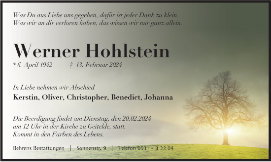 Traueranzeige von Werner Hohlstein von Braunschweiger Zeitung