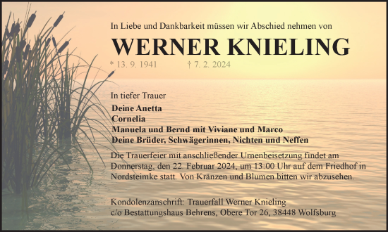 Traueranzeige von Werner Knieling von Wolfsburger Nachrichten
