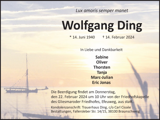 Traueranzeige von Wolfgang Ding von Braunschweiger Zeitung