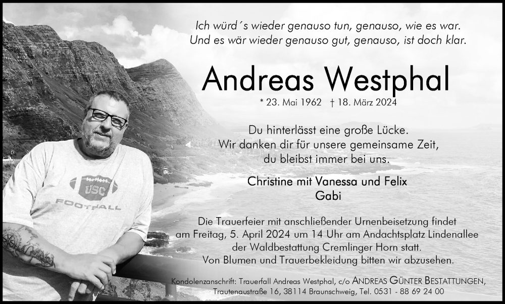 Traueranzeige für Andreas Westphal vom 23.03.2024 aus Braunschweiger Zeitung
