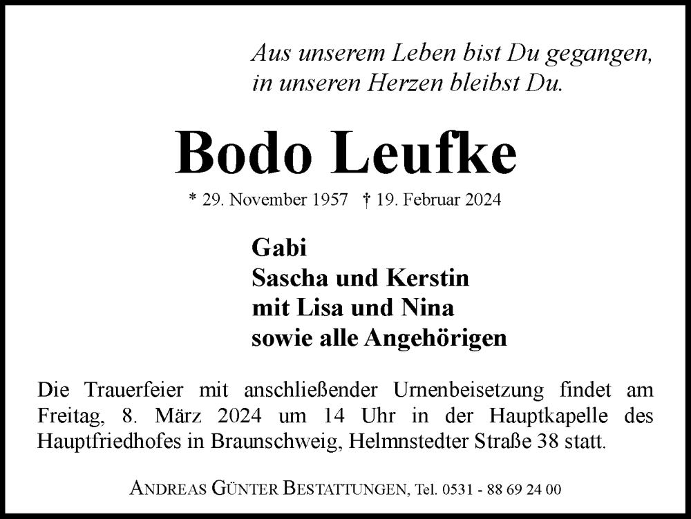  Traueranzeige für Bodo Leufke vom 02.03.2024 aus Neue Braunschweiger am Samstag