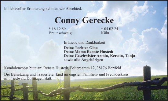 Traueranzeige von Conny Gerecke von Braunschweiger Zeitung