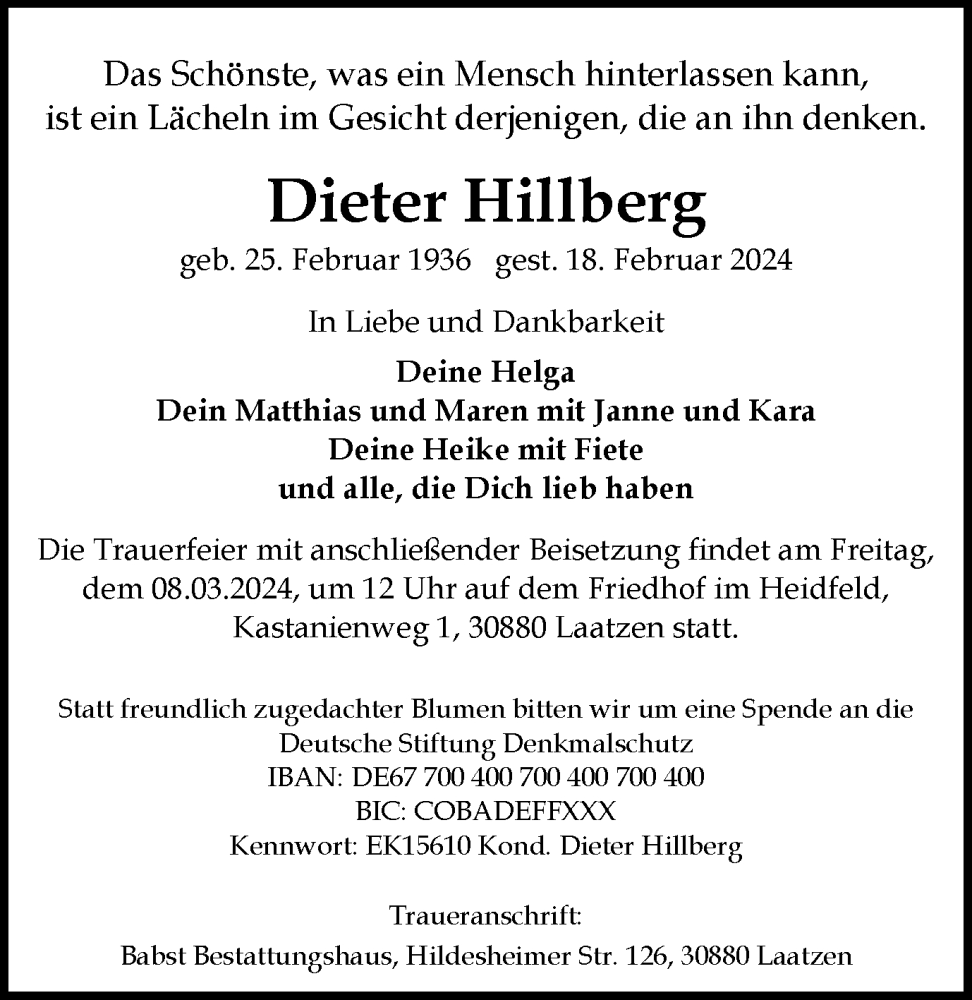  Traueranzeige für Dieter Hillberg vom 02.03.2024 aus Salzgitter-Zeitung