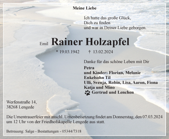 Traueranzeige von Emil Rainer Holzapfel von Salzgitter-Zeitung, Peiner Nachrichten