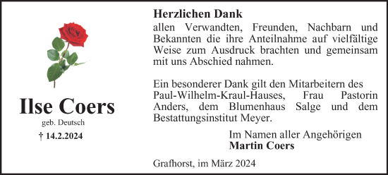 Traueranzeige von Ilse Coers von Helmstedter Nachrichten