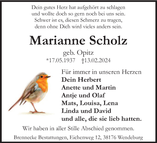 Traueranzeige von Marianne Scholz von Peiner Nachrichten